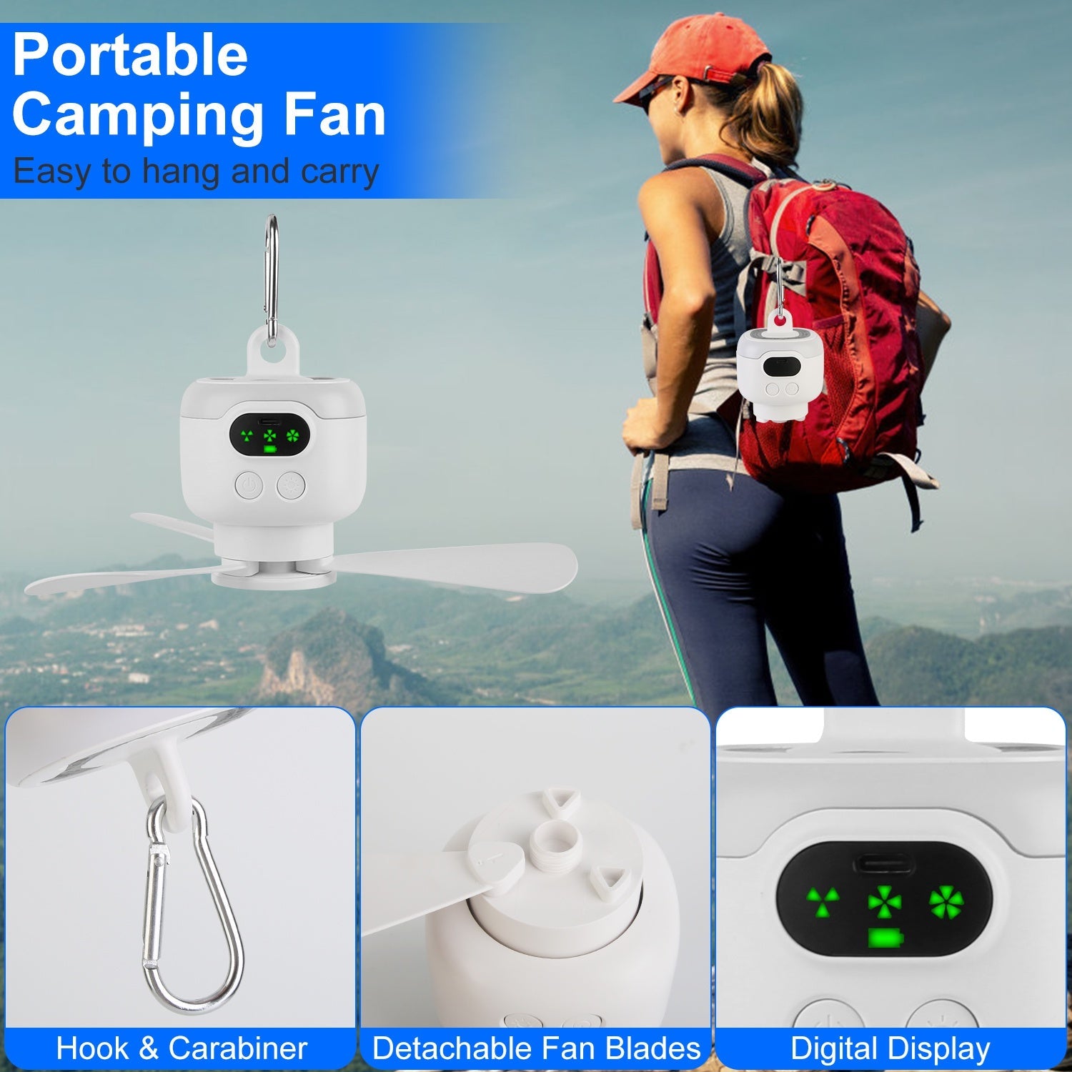 1Pc 2 In 1 Portable Camping Fan With LED Lantern 8000mAh Battery