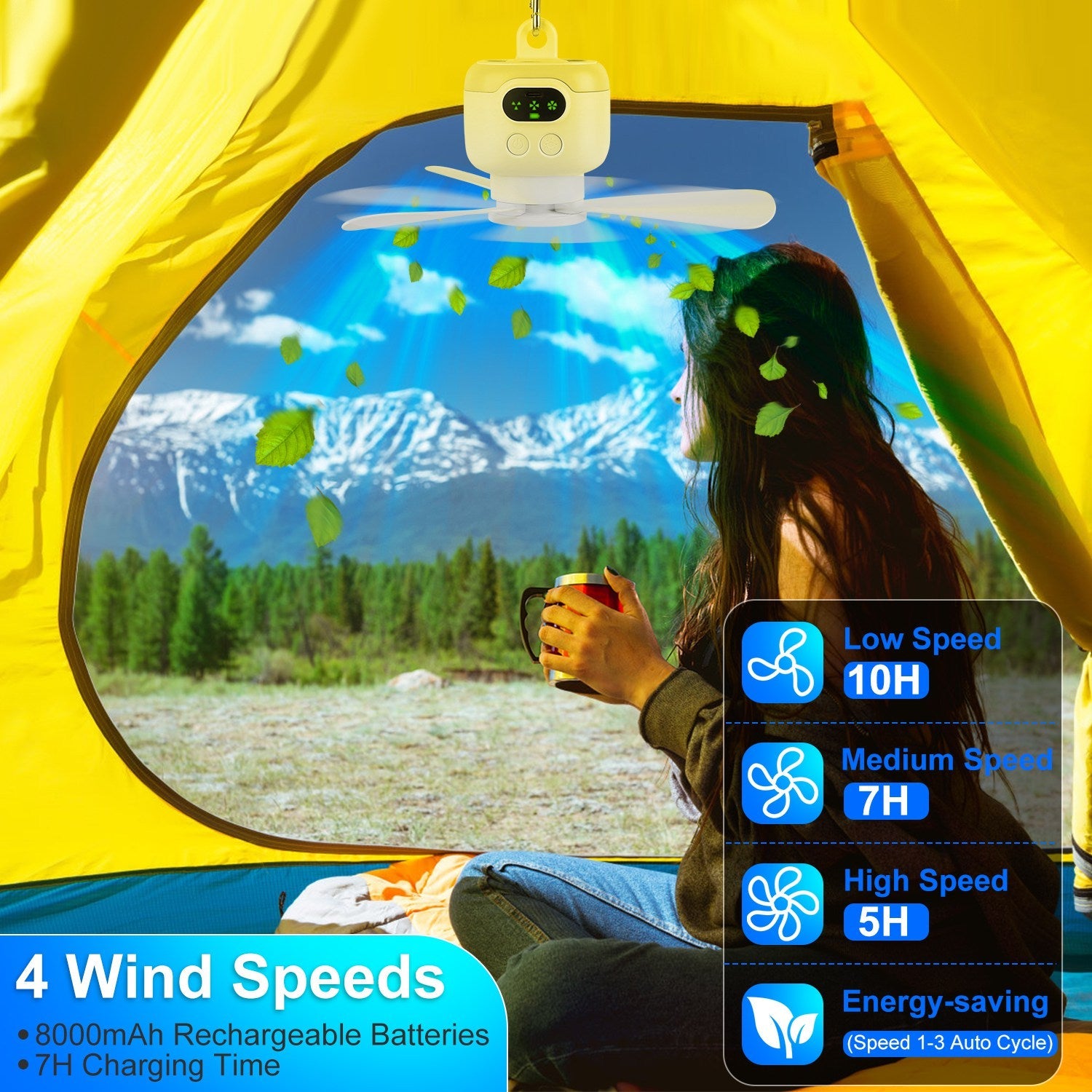 1Pc 2 In 1 Portable Camping Fan With LED Lantern 8000mAh Battery