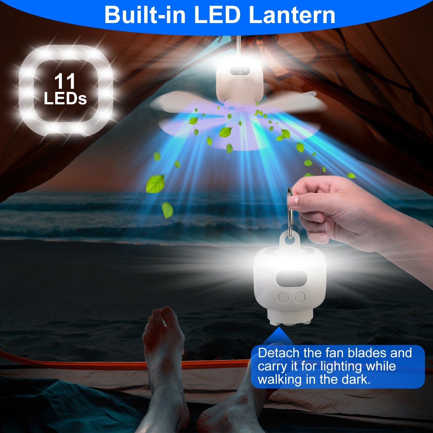 1Pc 2 In 1 Portable Camping Fan With LED Lantern 8000mAh Battery