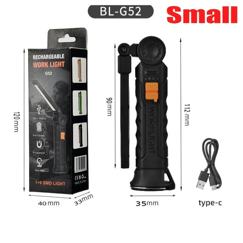 Portable COB LED Flashlight USB Rechargeable Work Light Magnetic