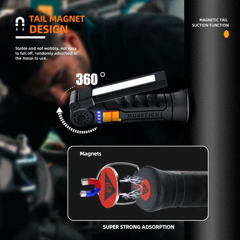 Portable COB LED Flashlight USB Rechargeable Work Light Magnetic