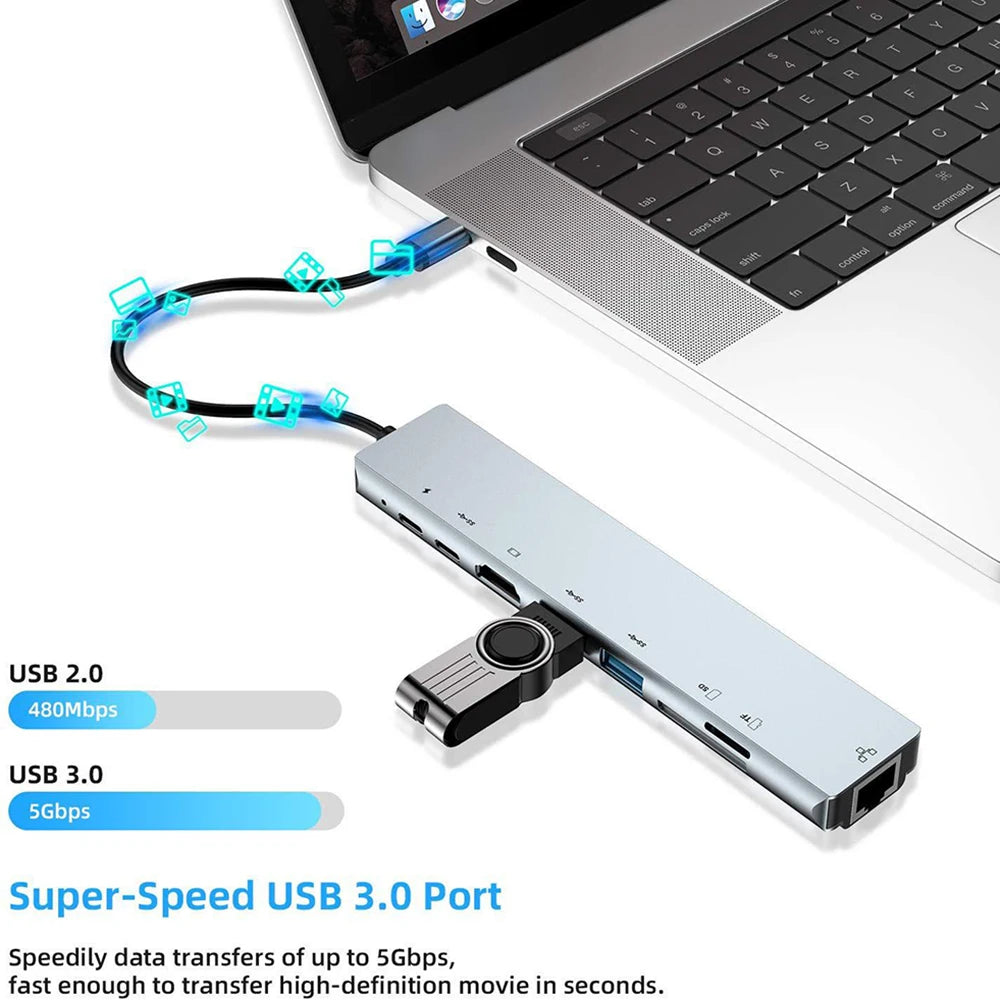 8 in 1 USB C Hub Type C 3.1 to 4K HDMI Adapter USB 3.0 Docking Station