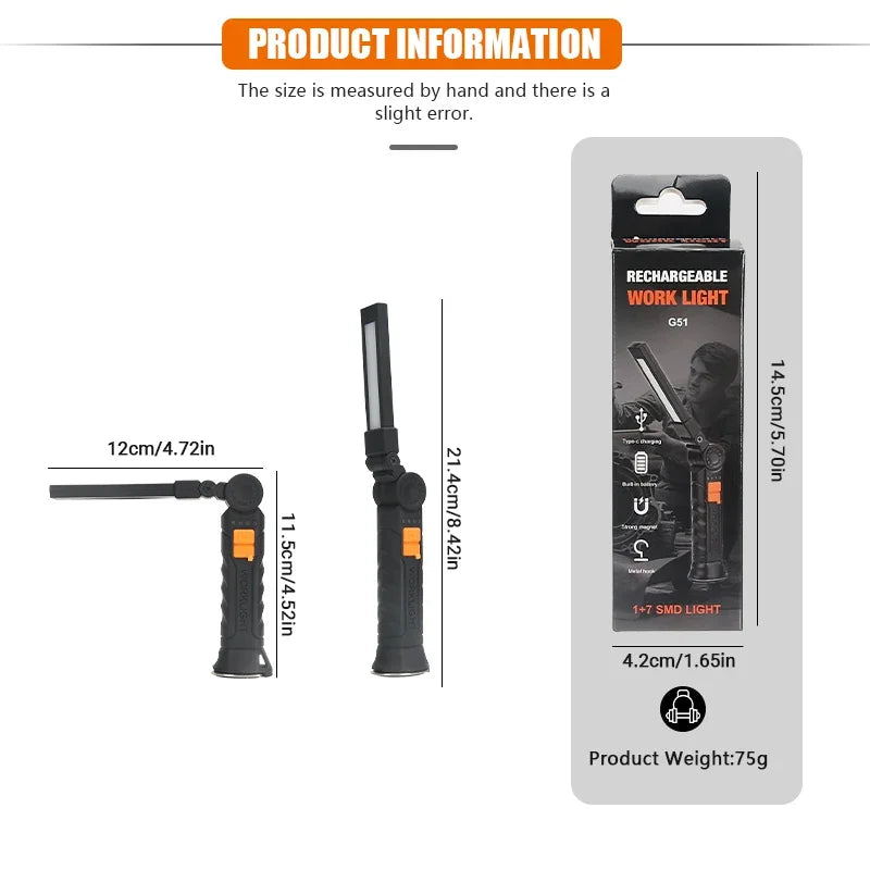 Portable COB LED Flashlight USB Rechargeable Work Light Magnetic