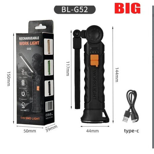 Portable COB LED Flashlight USB Rechargeable Work Light Magnetic