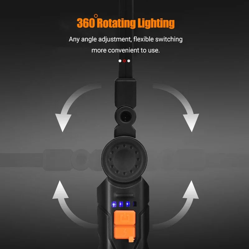 Portable COB LED Flashlight USB Rechargeable Work Light Magnetic