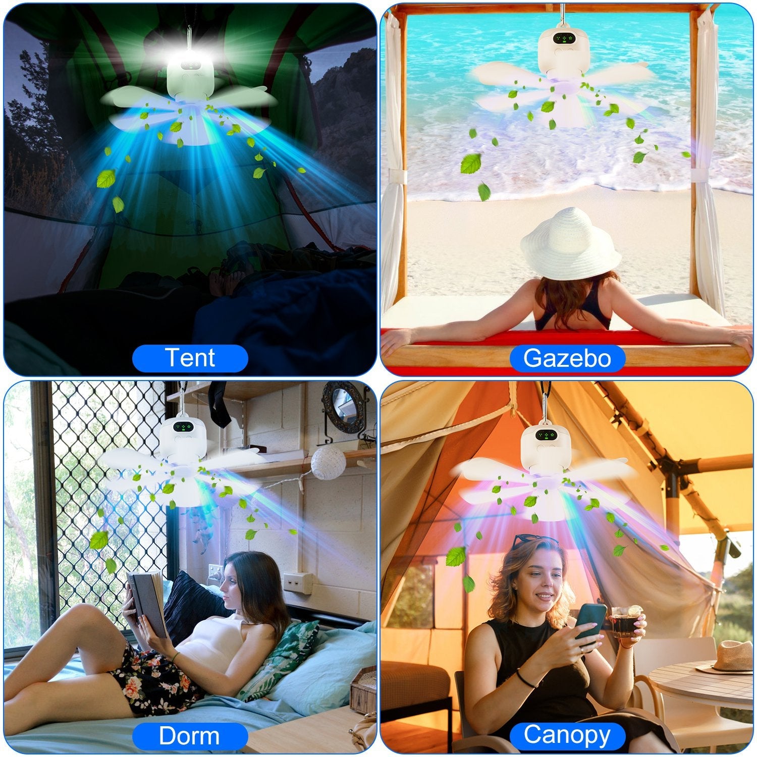 1Pc 2 In 1 Portable Camping Fan With LED Lantern 8000mAh Battery